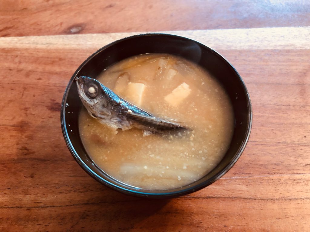 Dried flying fish dashi soup and sake lees Miso soup with daikon radish and tofu