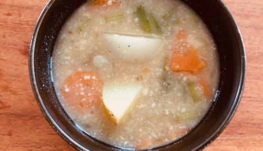 Dashi powder miso soup with rock-shaped vegetables